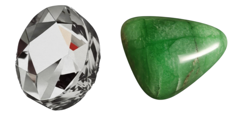 PNG faceted crystal and a triangular jade stone are presented on a transparent background.