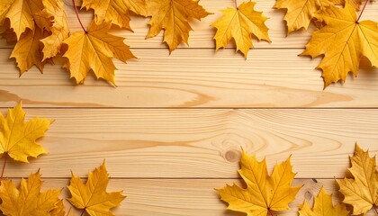 Scattered yellow maple leaves on pine wood planks