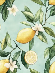 Watercolor pattern on light green background with lemon tree branches and flowers