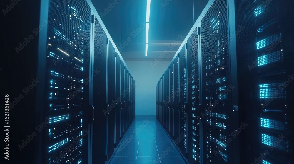 Fototapete futuristic data center corridor with glowing server racks and ambient blue lighting, ideal for illus