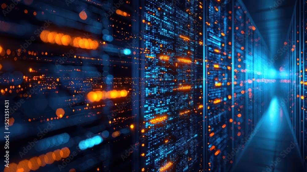 Leinwandbilder Dynamic data center corridor with vibrant orange and blue light particles reflecting across server racks, perfect for illustrating data flow, cloud computing, or futuristic IT systems