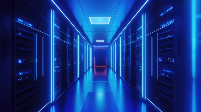 Futuristic neon-lit data center with glowing blue lights and symmetrical server racks, ideal for digital infrastructure, cyber technology, or cloud system presentations
