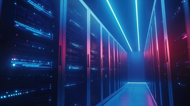 Data center corridor with glowing blue and magenta lights reflecting off server cabinets, ideal for showcasing futuristic IT systems, cloud computing, or cyber security