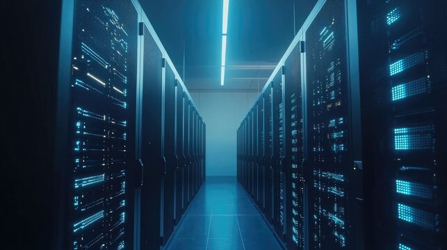 Futuristic data center corridor with glowing server racks and ambient blue lighting, ideal for illustrating cloud computing, networking, storage systems, or IT infrastructure concepts