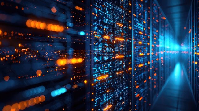 Dynamic data center corridor with vibrant orange and blue light particles reflecting across server racks, perfect for illustrating data flow, cloud computing, or futuristic IT systems