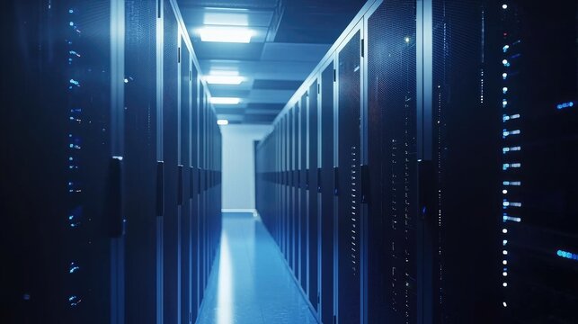 Modern data center hallway with illuminated server cabinets and blue ambient lighting, perfect for themes of cybersecurity, data management, or IT infrastructure
