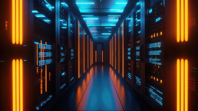 Futuristic server room with vibrant orange and blue lighting, reflective floor, and high-tech server racks, ideal for illustrating cloud computing, IT systems, or cyber technology