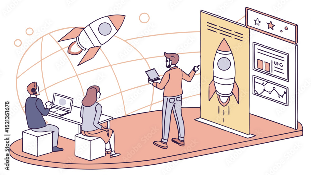 Aufkleber illustration of a business presentation with a rocket launch concept and team collaboration on a pla