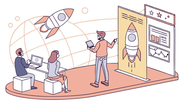 Illustration of a business presentation with a rocket launch concept and team collaboration on a platform