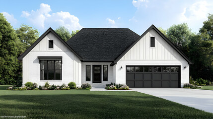 Obraz premium Modern Farmhouse Exterior With White Siding And Dark Accents
