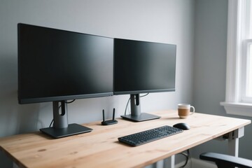 Minimalist dual monitor workstation with white desk clean setup and modern workspace design