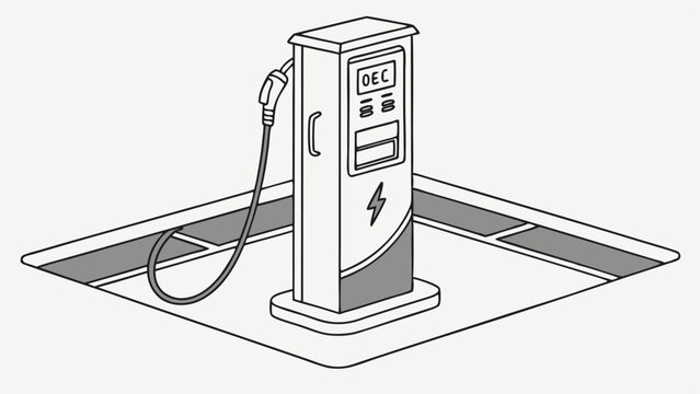 Illustration of an electric vehicle charging station with display and charging cable on a parking space