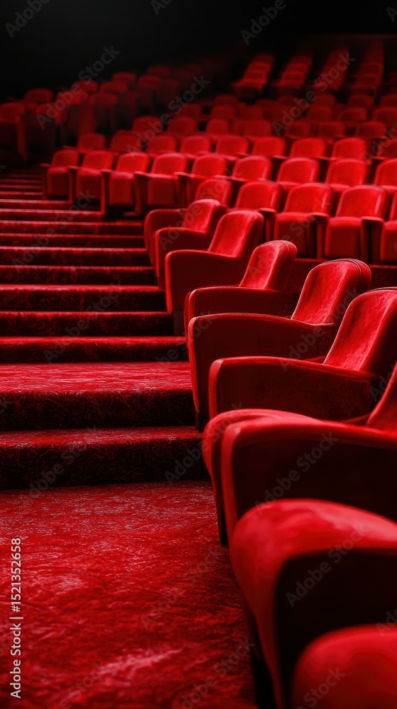 Poster rows of plush red chairs arranged in a theater setting ready for an upcoming performance during the 