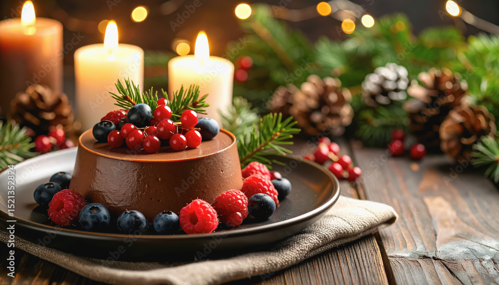 Poster exquisite chocolate cake artfully plated with fresh berries and pine on a rustic table setting for d