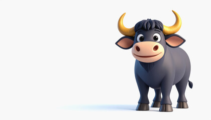 Cartoon water buffalo with charming features standing on a bright white background with copy space for text