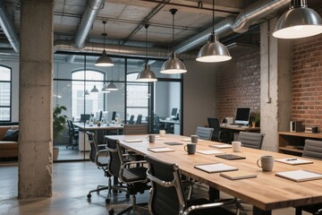 Industrial office space with pendant lighting wooden tables and exposed ceiling design