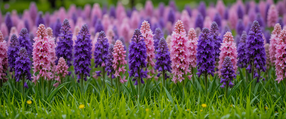 Hyacinths blooming garden. Blooming purple and pink hyacinths in spring garden with lush green backdrop