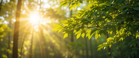 Sunlight sky trees, trees spring photo background, green abstract nature background. Dreamy summer forest background with bokeh and glowing sun rays through fresh foliage.