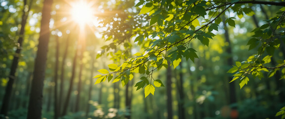 Trees spring photo background, spring nature sunlight, sunlight green plant. Peaceful nature scene with vibrant green canopy and soft sunlight, springtime atmosphere.