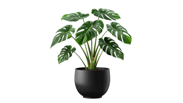 Lush green monstera plant in a modern black pot on white background for home decor