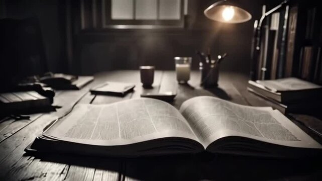 A large, open book lays on a dark wooden table amongst other books, papers, a cup, pencils and a glass, all under dim lighting creating a studious atmosphere.