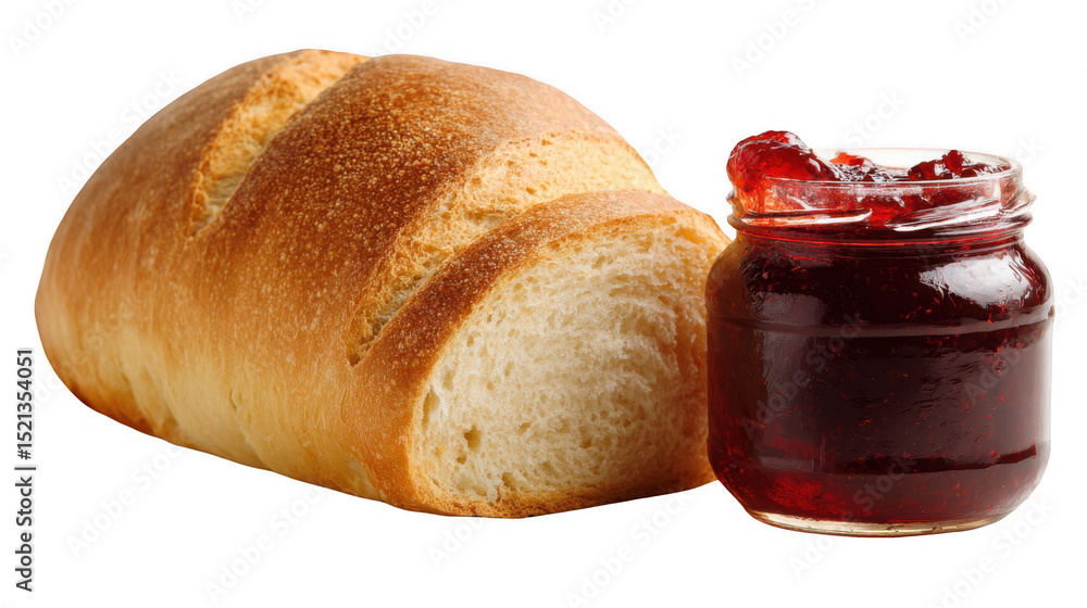 Poster freshly baked loaf of bread with a cut slice alongside a small jar of red fruit jam, creating a clas