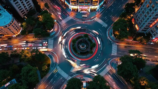 time-lapse video, Aerial view of a busy city roundabout at night, showcasing urban traffic flow.