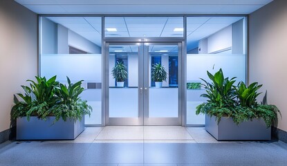 Illuminated Frosted Glass Door Entrance to Modern Office with Indoor Plants and Clean Architectural Design