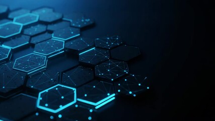 hexagonal network pattern glowing with blue digital lines and nodes on a dark background, symbolizing technology, data transmission, and blockchain infrastructure in a clean, modern style. - Powered by Adobe