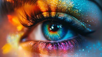 Human eye close-up in bright multi-colored variable image.