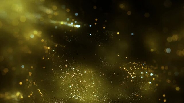 Gold Particles Moving Background. fast energy flying wave line with flash lights. Particle from below. Particle gold dust flickering on black background. Abstract Footage background for text.