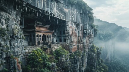 Ancient Cliffside Temple Carved into Stone &ndash; Majestic Historical Landscape..
