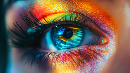 Human eye close-up in bright multi-colored variable image.