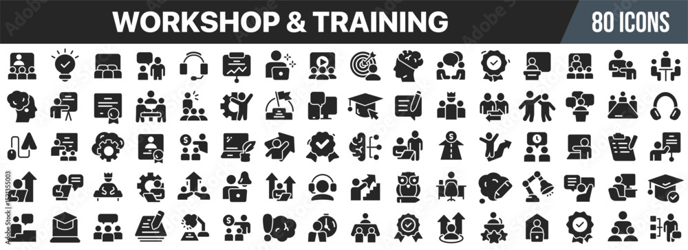 Poster workshop and training black icons collection. big ui icon set in a flat design. vector illustration 