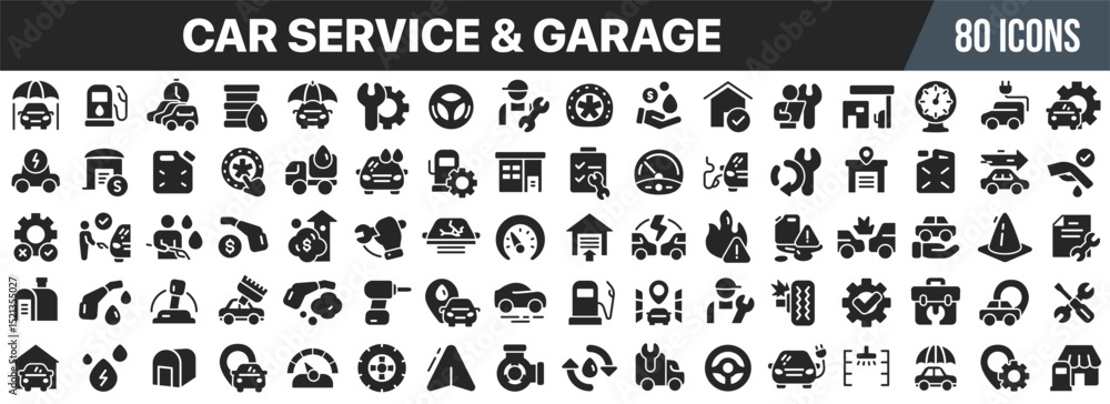 Poster car service and garage black icons collection. big ui icon set in a flat design. vector illustration
