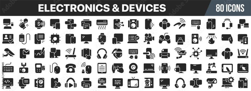 Poster Electronics and devices black icons collection. Big UI icon set in a flat design. Vector illustration EPS10