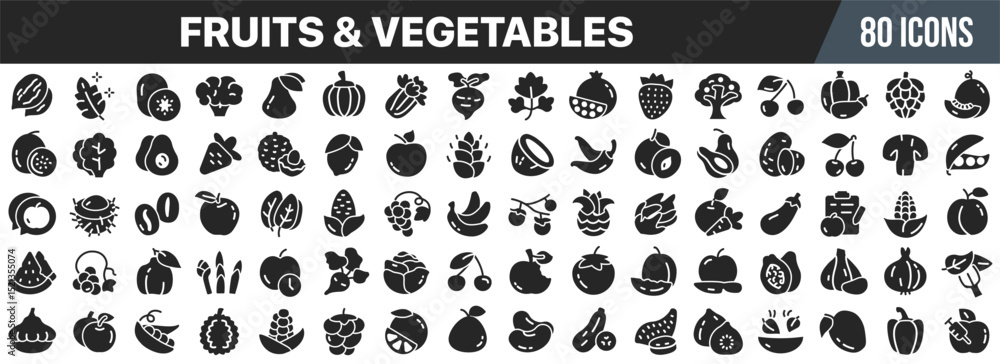 Poster fruits and vegetables black icons collection. big ui icon set in a flat design. vector illustration 