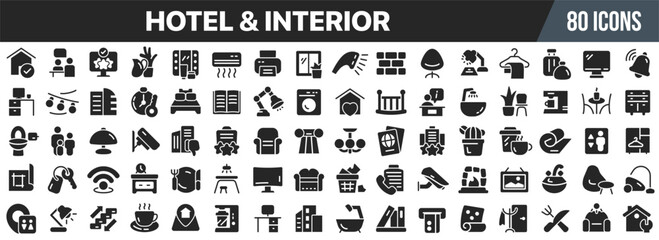Obraz premium Hotel and interior black icons collection. Big UI icon set in a flat design. Vector illustration EPS10