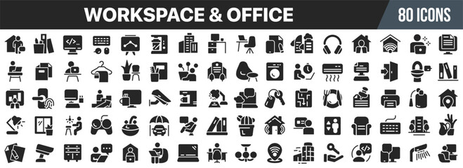 Workspace and office black icons collection. Big UI icon set in a flat design. Vector illustration EPS10