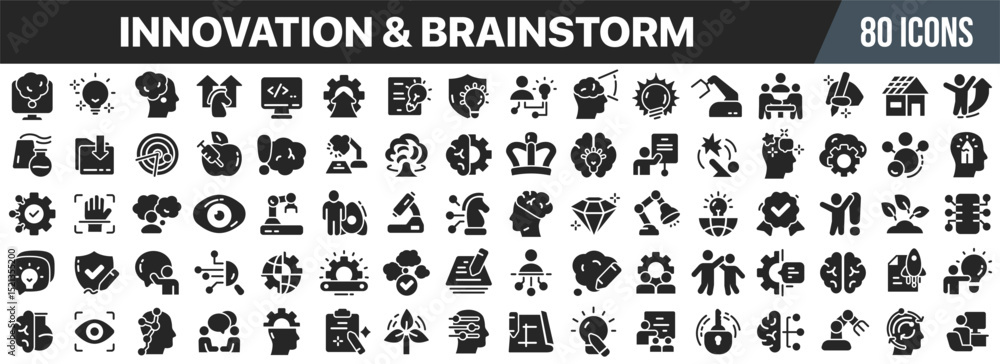 Poster innovation and brainstorm black icons collection. big ui icon set in a flat design. vector illustrat