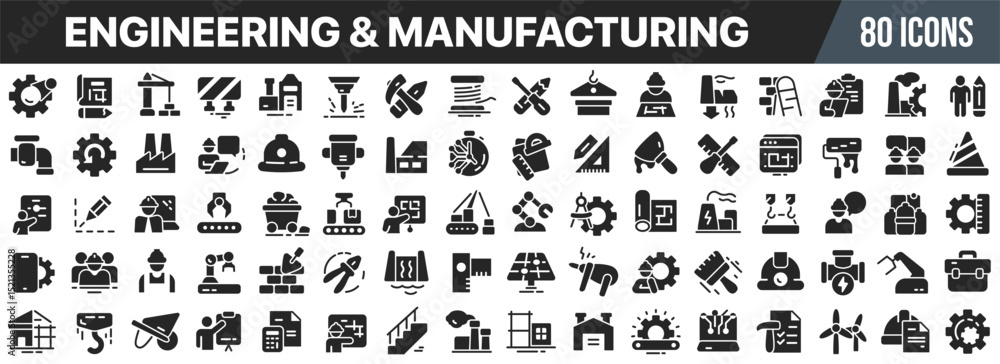 Poster engineering and manufacturing black icons collection. big ui icon set in a flat design. vector illus