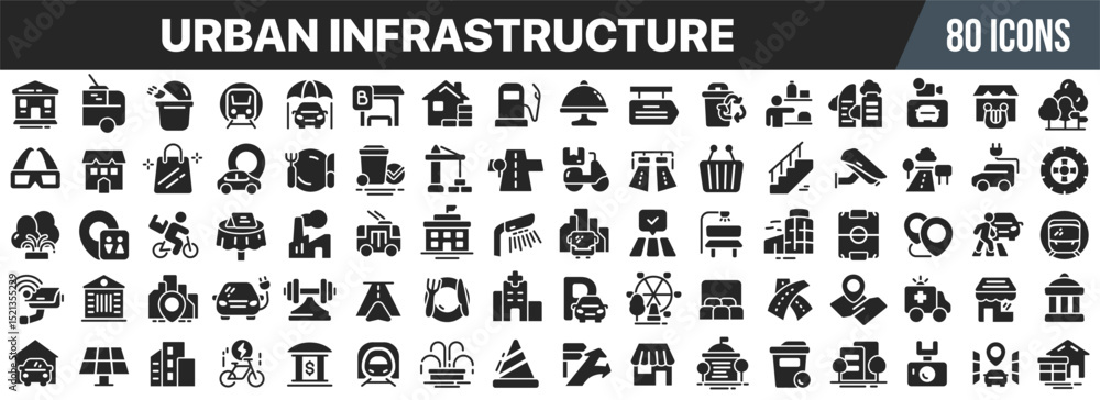Poster urban infrastructure black icons collection. big ui icon set in a flat design. vector illustration e