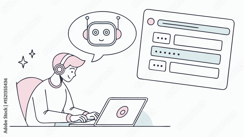 Poster Illustration of a person using a laptop with a robot in a speech bubble and a form interface next to them