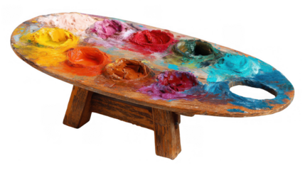 Well used wooden artist's palette displays a vibrant array of oil paints, showcasing the remnants of past creations and ready for new artistic endeavors, isolated on a transparent background