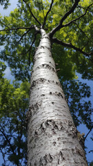 Majestic tree rises against a clear sky, showcasing vibrant greenery and textured bark in nature's serene embrace