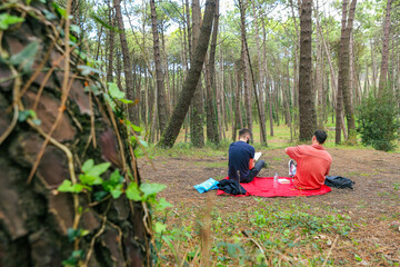 Two men in the forest resting and enjoying nature. Lying on a red blanket, reading, eating, and chatting