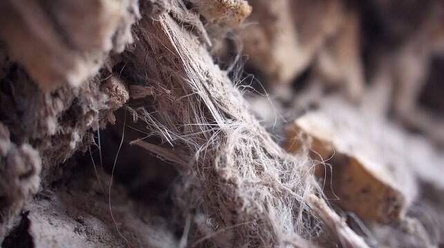 Microscopic view of asbestos chrysotile fibers that are harmful to human health, linked to lung disease, COPD, lung cancer, and mesothelioma. Concept for toxic materials, pollution, and risk awareness