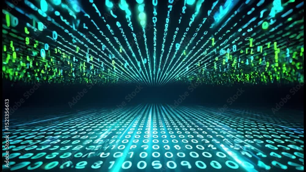 Poster glowing numbers in neon green and cyan blue rain down against black void, creating futuristic digita