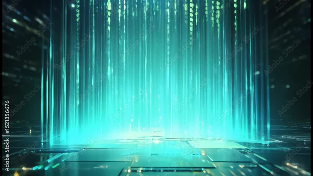 Poster vertical streams of glowing green and blue binary code create futuristic digital data stream with gl