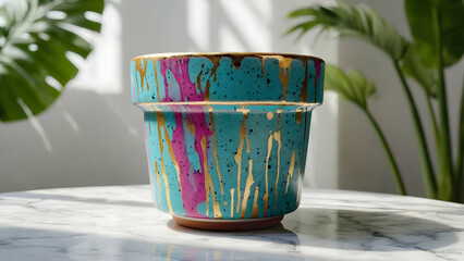 Colorful ceramic pot with vibrant paint drips displayed on a marble table surrounded by lush greenery in a sunlit room